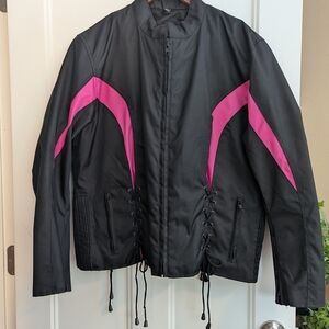 Black Racing Jacket. Pink Panels and Lace-Up Sides. Vented. Size Large.